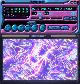 An animated gif of winamp playing a song while a music visualizer moves to the beat.
